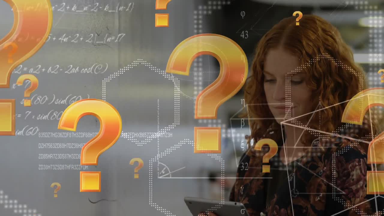 iconos de signos de pregunta y formas geométricas contra mujer caucásica usando tableta digital en la oficina