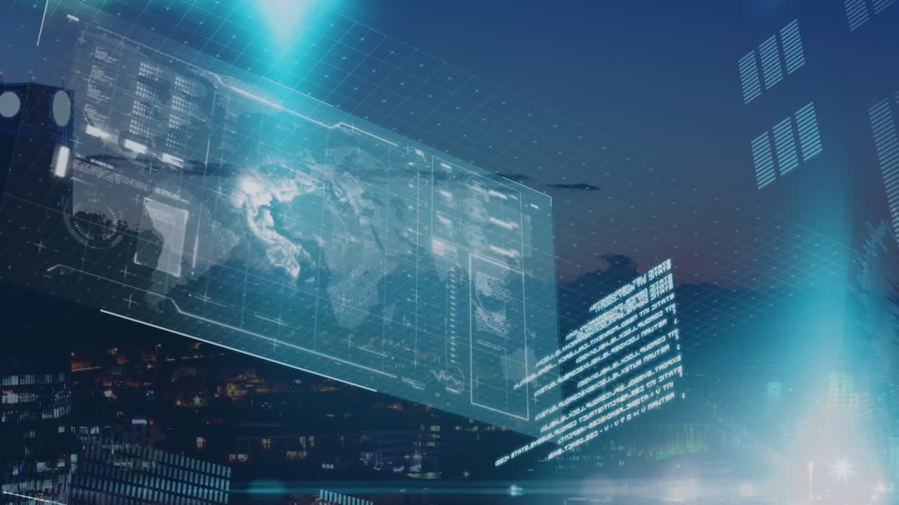 렌즈 플레어, 글로브 및 그래프의 애니메이션은 은 하늘로 도시 풍경의 실루 뷰를 통해.