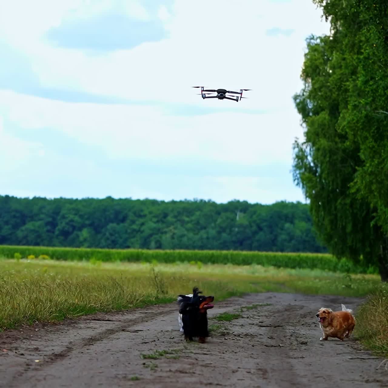 Active dogs among nature. Drone flies over the pets in the field. Funny pets look at the drone flying in the air and bark.