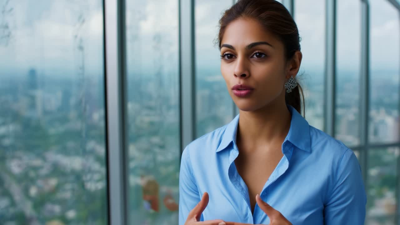 Engaging Conversation at a High Rise: A Confident Individual Expressing Thoughts with Passion Against a Cityscape Backdrop, Emphasizing the Power of Communication and Connection in Urban Settings