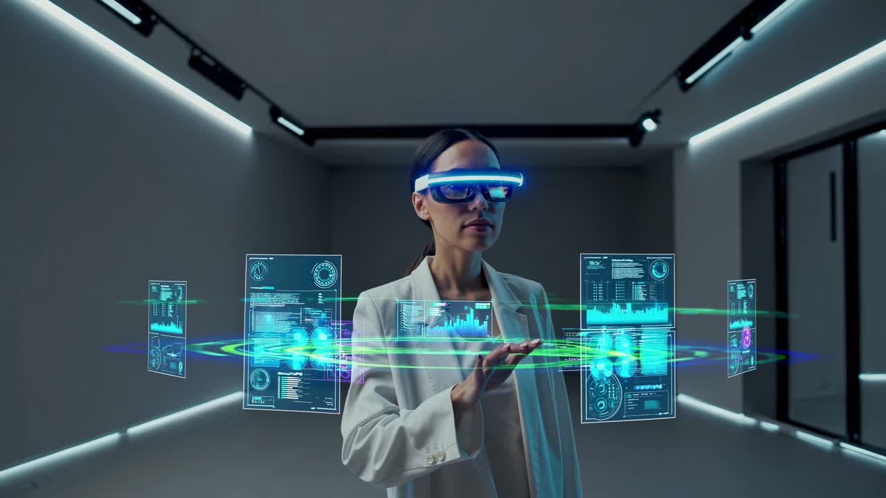 Woman using VR Headset with Holographic Displays