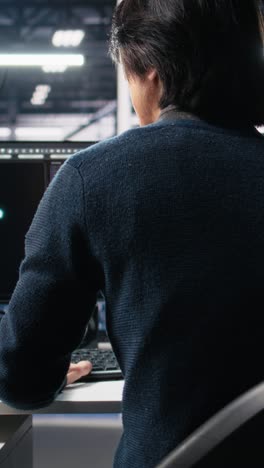 vertical video technician arriving in data center office, coding with generative ai