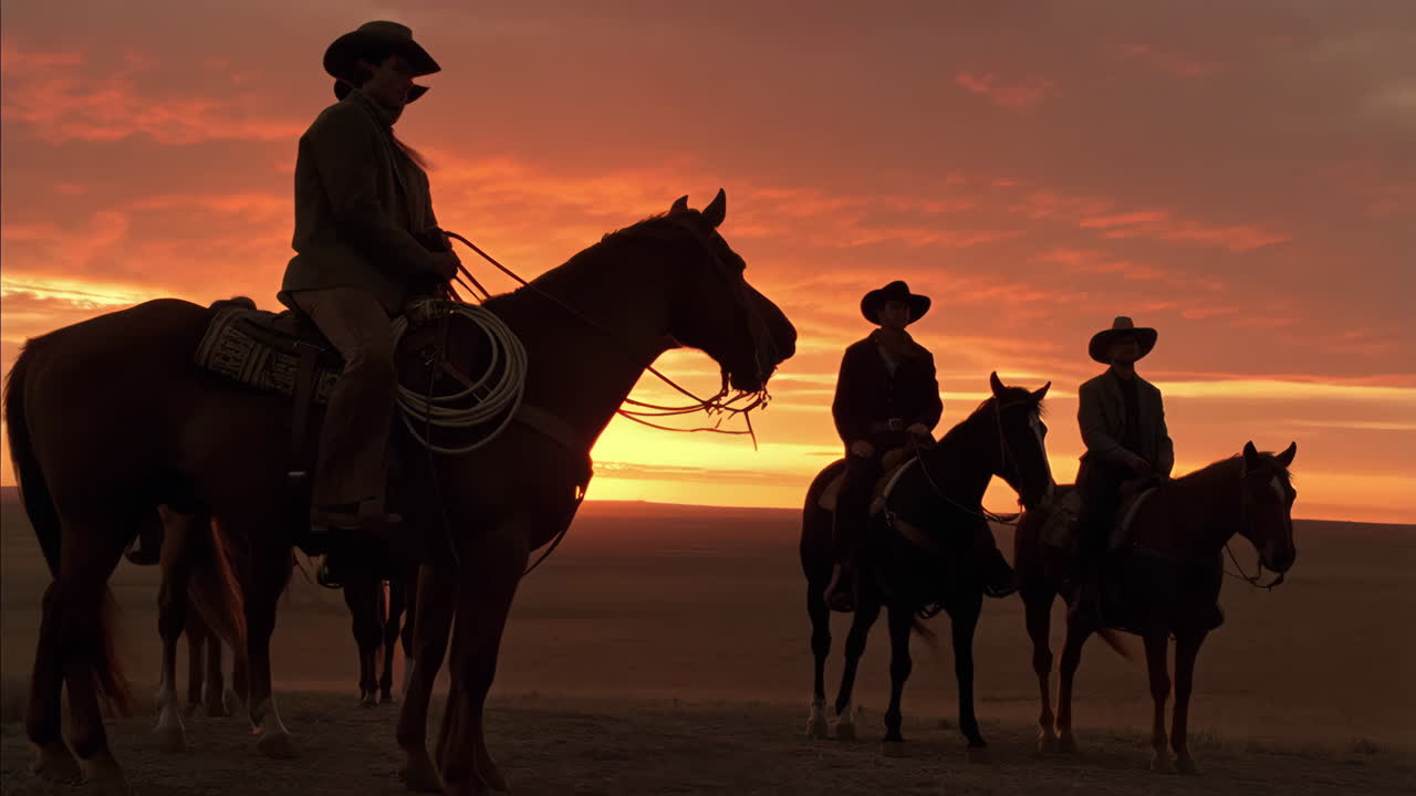 해가 지면 카우보이들이 말을 타고