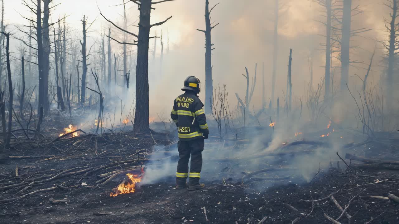 소방관 이 산불 과 싸우고 있다