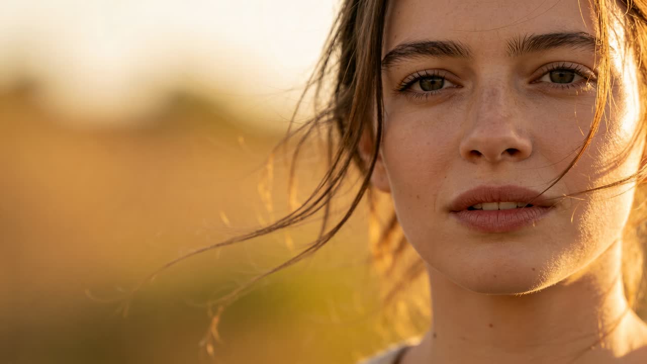 Holding steady eye contact, adult woman posing for camera at golden hour field, breeze moving hair