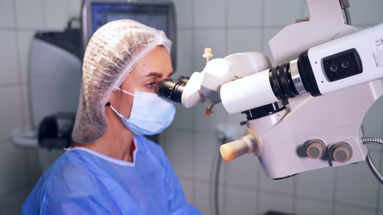 Ophthalmology laser operation. Surgeon in the operating room during ophthalmic surgery