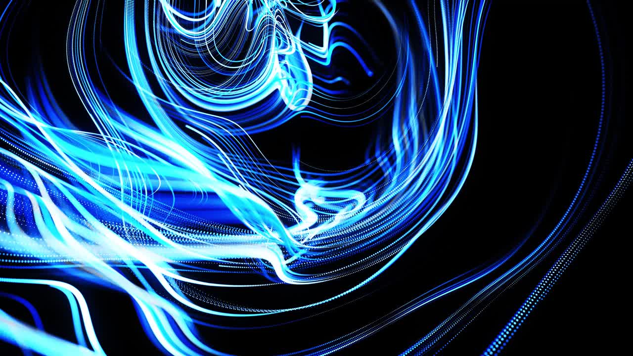 líneas rápidas de rayas de luz. flujo de partículas forma líneas azules rizadas como senderos de luz brillante, líneas forman patrón giratorio como ruido de rizado. animación 3d abstracta como brillante creativo festivo bg
