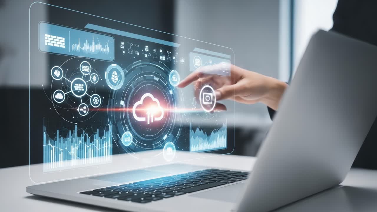 A Futuristic Interface Featuring Cloud Technology and Data Visualization: Engaging Interaction with Digital Elements on a Laptop Screen