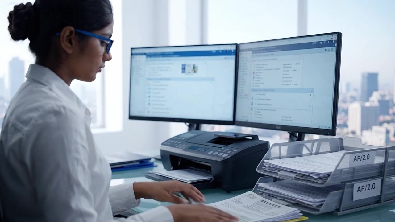 Focused Professional Reviewing Documents at Multi-Monitor Setup in Modern Office Environment with City View Beyond Windows