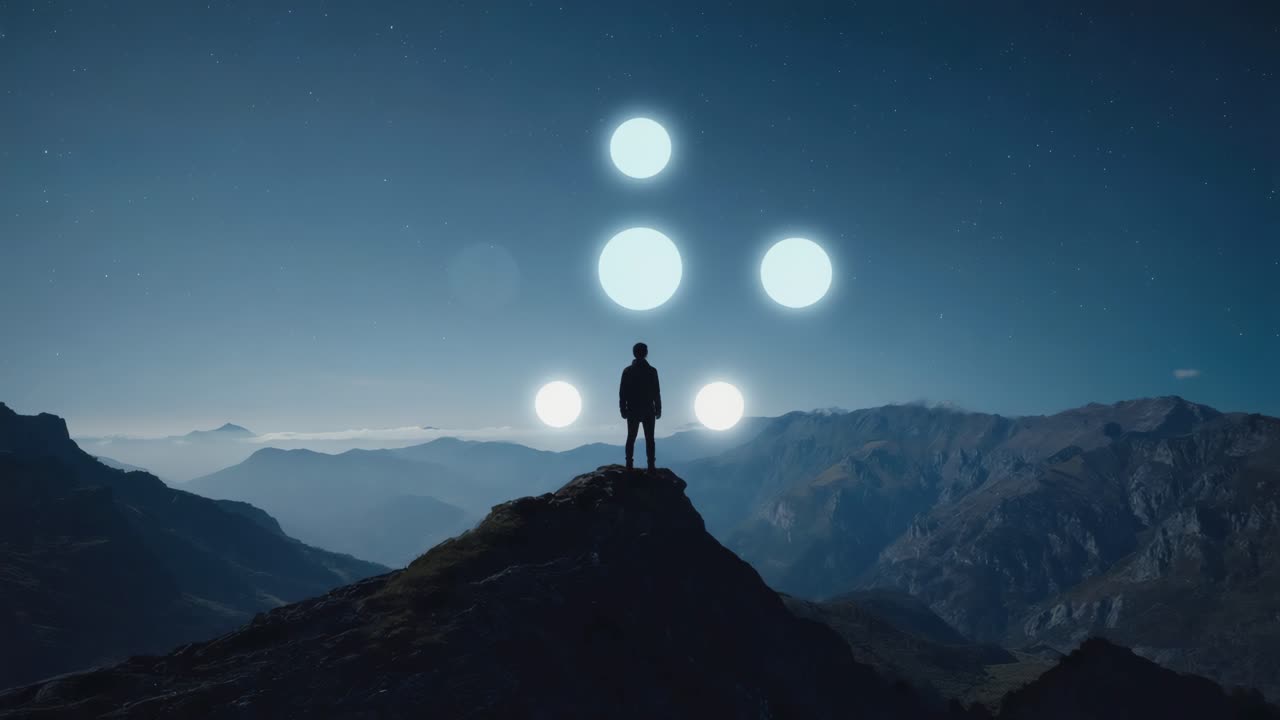 Person on a mountain peak at night with glowing orbs in the sky