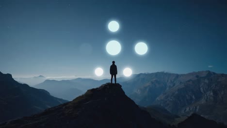 person on a mountain peak at night with glowing orbs in the sky