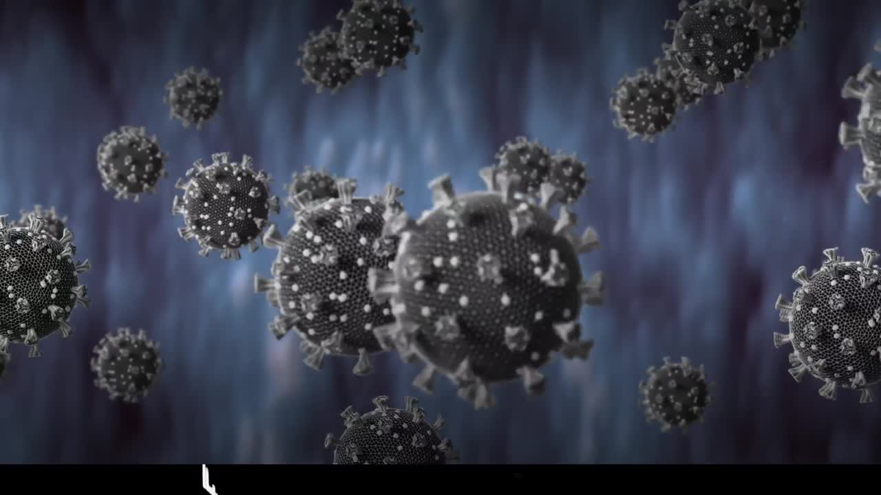 animación de múltiples células de virus flotando sobre un fondo azul oscuro