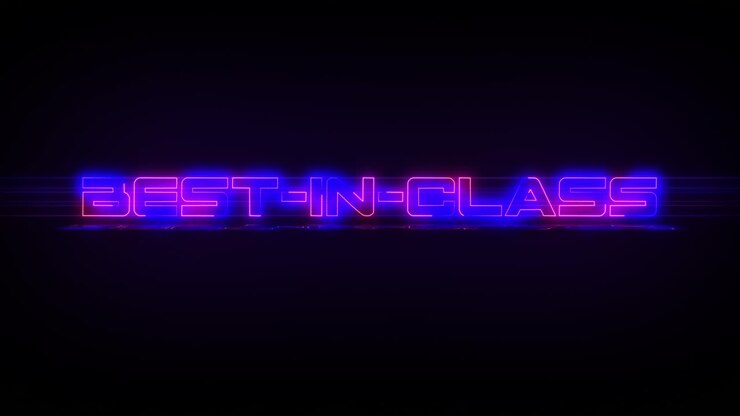 Flashing BEST-IN-CLASS electric blue and pink neon Sign flashing on and off with flicker, reflection, and anamorphic lights in 4k