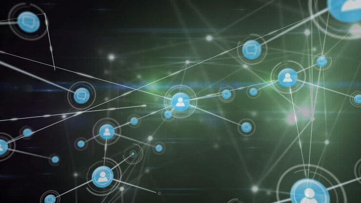 Animazione di rete di connessioni con icone su una rete di connessioni