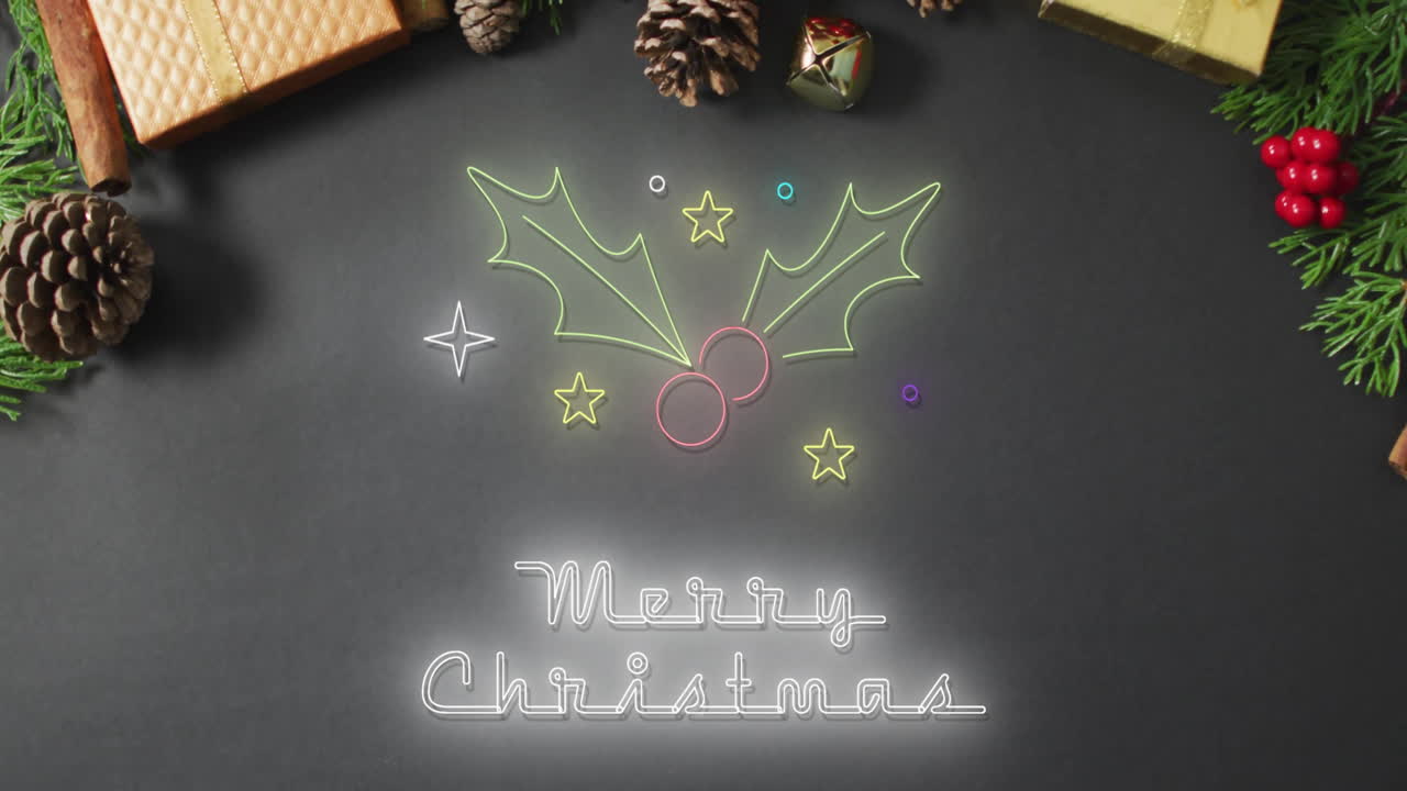 animación del texto de feliz navidad sobre las decoraciones navideñas