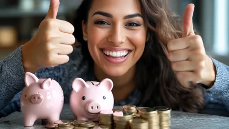 a woman with two piggy banks and a stack of coins giving the thumbs up