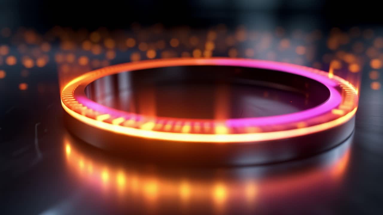 Futuristisk glödande ring som avger livfullt ljus och digitala partiklar
