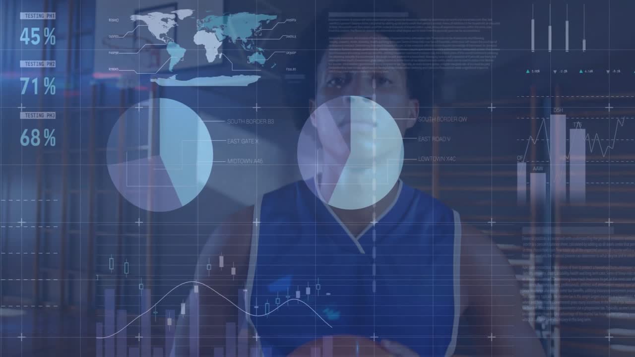Kamera panorerer opp og aktiverer sportsanalyseoverlegg rundt en basketballspiller som løfter ball i treningsstudio.