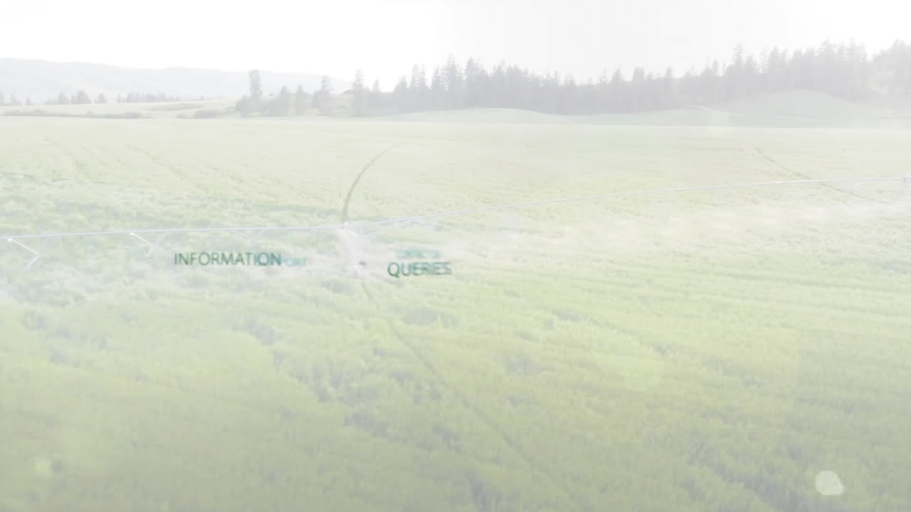 Animation of online information text over serene green landscape with distant trees