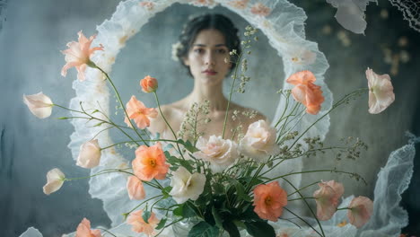 ethereal portrait of a woman framed by a delicate floral arrangement