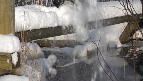 Walking-on-Snow-Covered-Footbridge,-Falling-Snow-into-Water-Stream,-Low-Angle