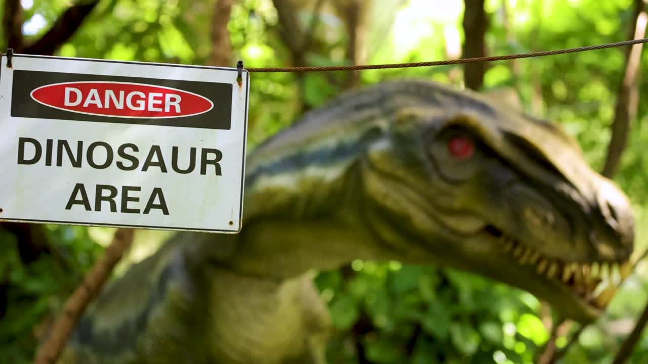 Animatronic raptor dinosaur moves behind a 'Danger Dinosaur Area' warning sign in a lush, sunlit forest setting. Handheld camera, natural daylight