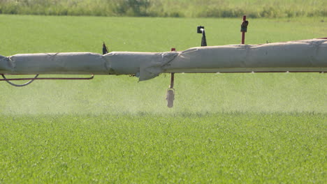 Tele-shot-of-boom-arm-of-sprayer-tractor-spraying-pesticides-on-crops