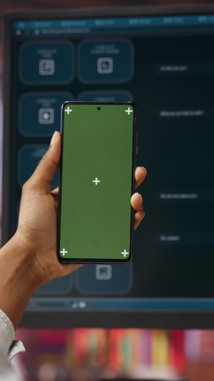 Vertical video Woman at home holding mockup smartphone asks questions to AI virtual assistant