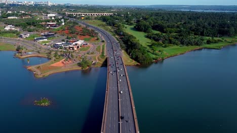 6 lane traffic over jk bridge in brasilia, brazil, drone view