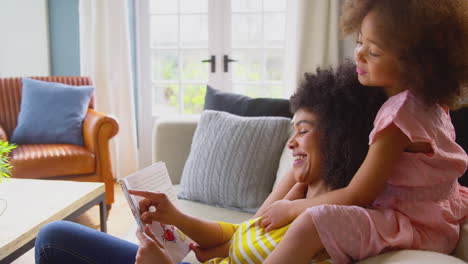 mother and daughter relaxing on sofa at home reading book together