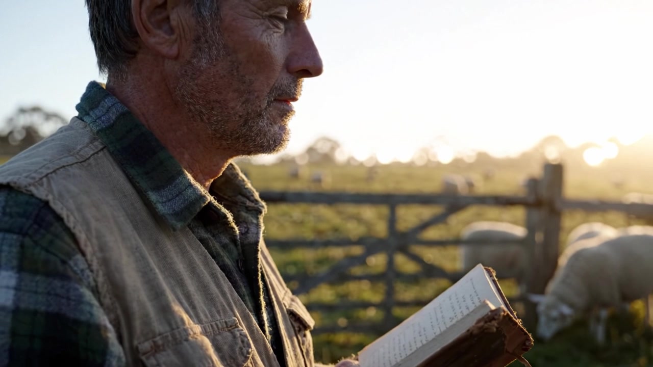 Contemplando l'antica saggezza: un agricoltore legge un libro logoro al tramonto mentre sorveglia il suo gregge di pecore in un sereno paesaggio rurale
