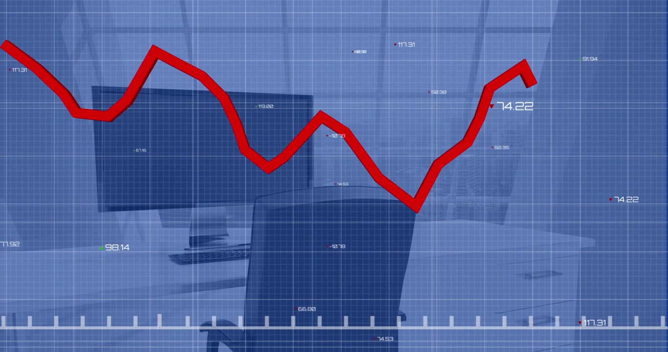Animation of line graph declining and numbers over desktop and chair in cabine