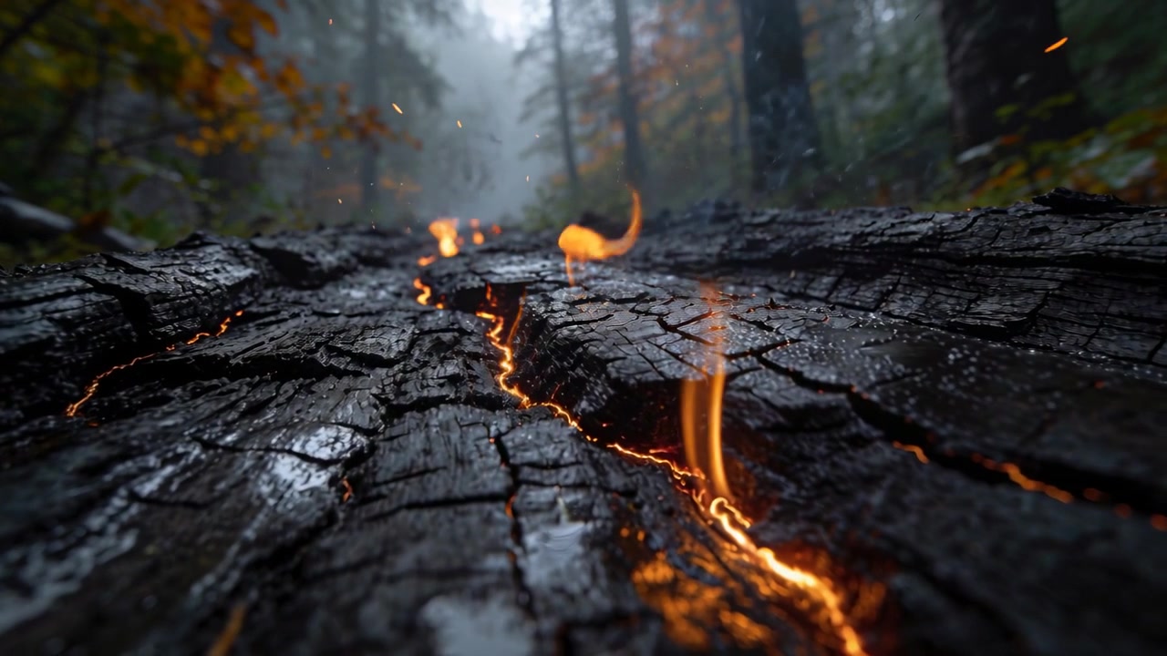 Tronco caduto carbonizzato che cova, rilasciando braci ardenti e scintille mentre la brezza agita la foresta nebbiosa.