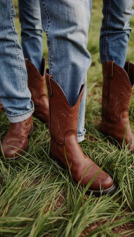 people wearing cowboy boots and jeans standing in green grass