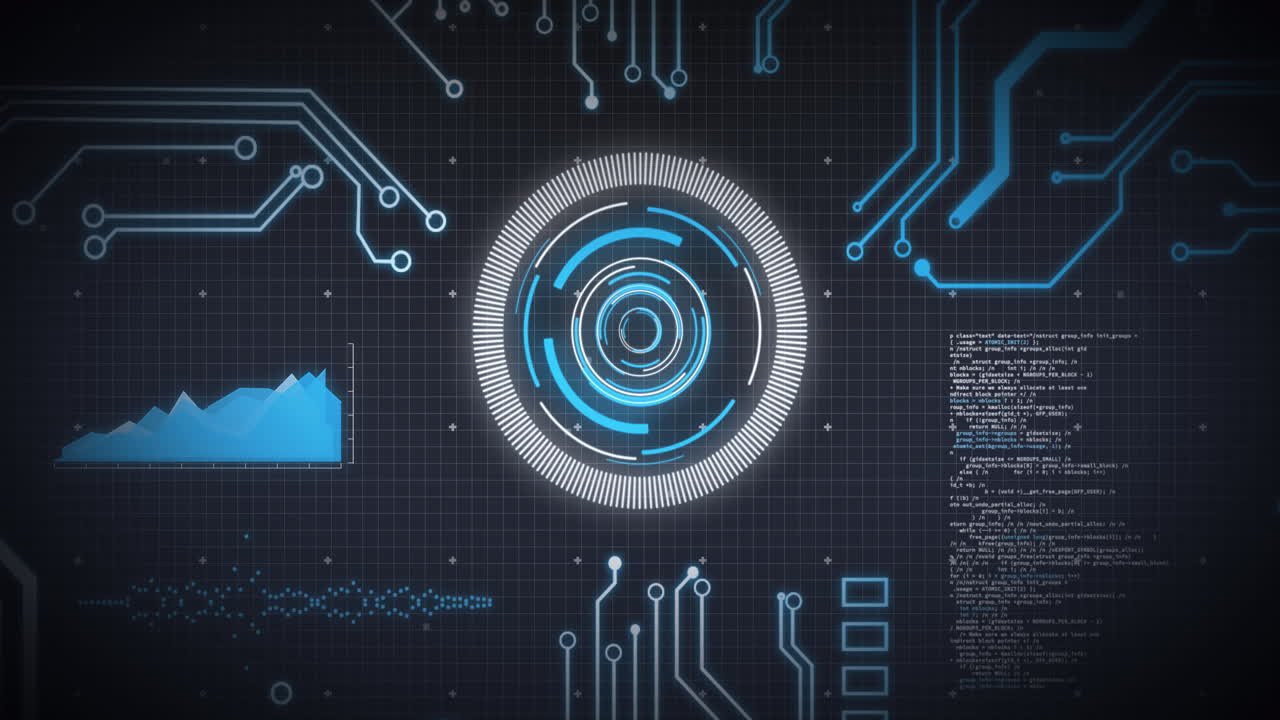 Animation of scope scanning, processor elements and data processing over grid on blue background