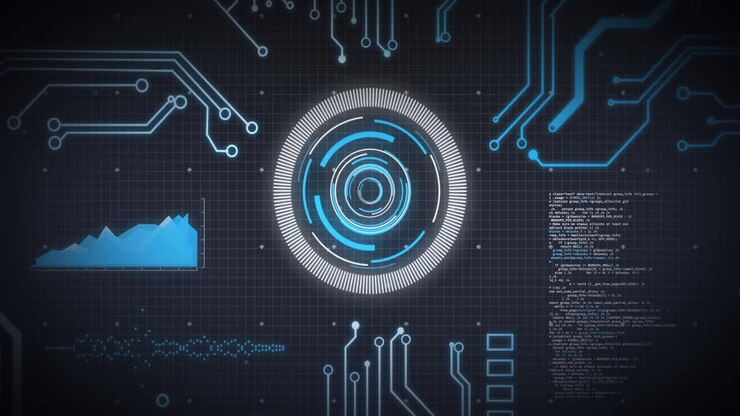 Animation of scope scanning, processor elements and data processing over grid on blue background