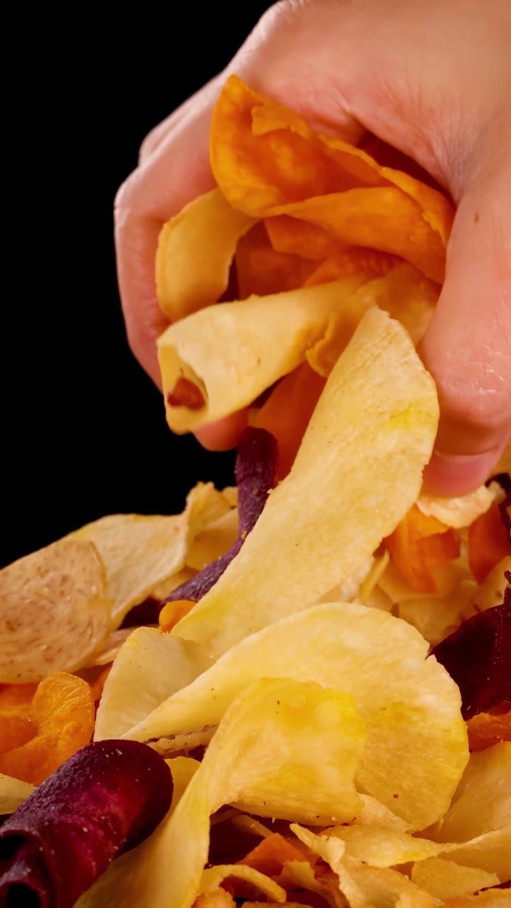 Seleção manual de chips de diversos tubérculos crocantes sob iluminação de estúdio, close-up, plano de fundo preto, movimento suave