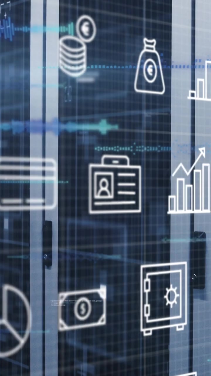 Animated Financial and Business Icons on a Digital Grid Background
