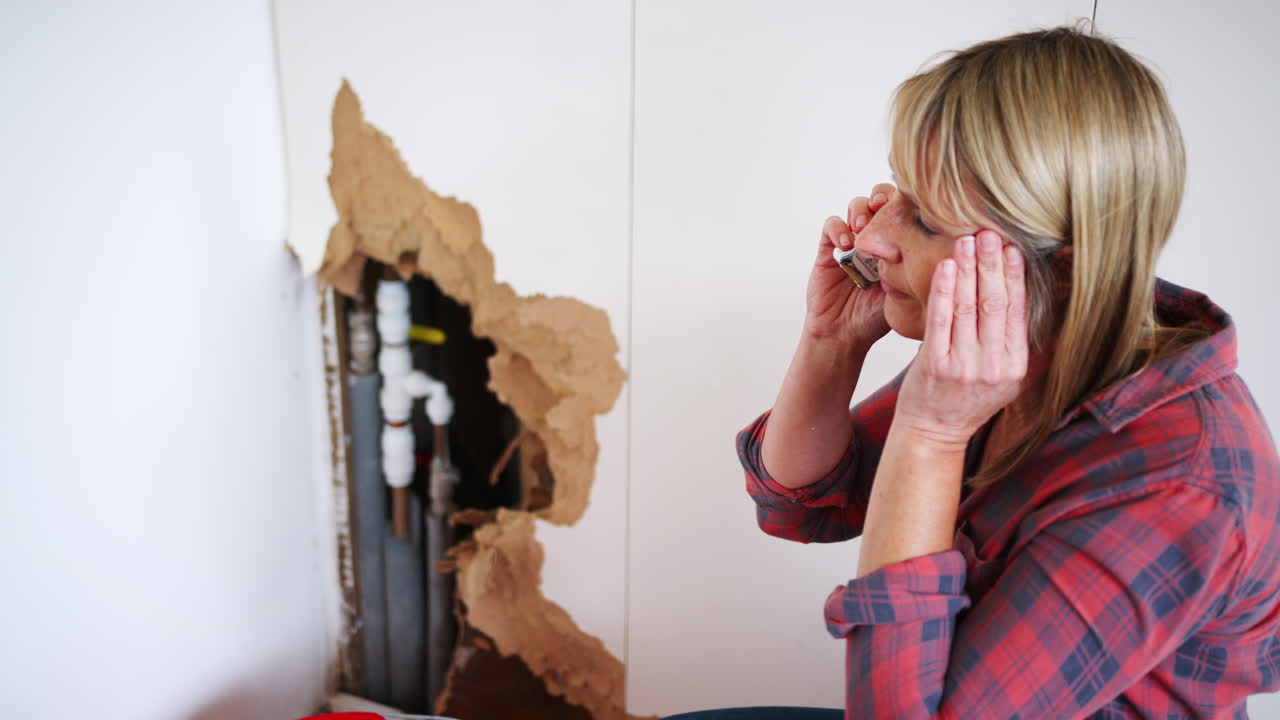 집 에 물 이 누출 된 후 에 응급 배관사 에게 전화 하는 여자