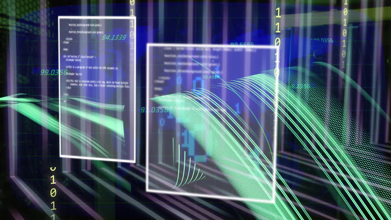 animación de codificación binaria y procesamiento de datos a través de una red de conexiones