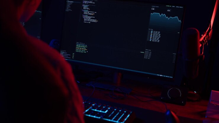 Softwareudvikler koder på computer i mørkt rum