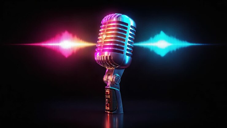 Un microfono retrò mozzafiato catturato in un'illuminazione vibrante e forme d'onda audio, che simboleggia musica, espressione e creatività in un'estetica moderna