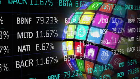 animation of financial data over globe with tech icons on black background