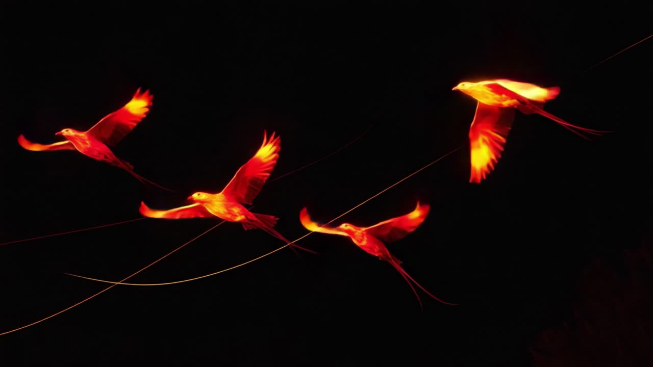 A Captivating Display of Colorful Birds in Flight Against a Dark Backdrop, Showcasing the Beauty of Nature and Their Graceful Movement