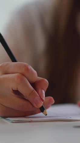 woman draws with black pencil in exercise book sitting at table on blurred background. student develops creative skills at home closeup