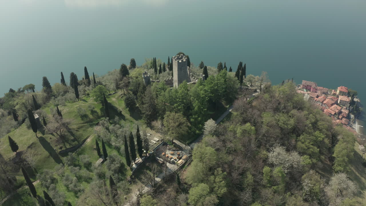 Vezio Medieval Castle, on Lake Como in Italy, from a Drone