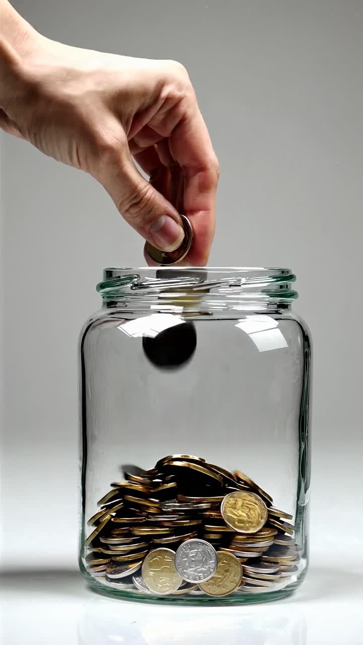 A minimalist video concept showing a low-angle view of a glass jar with coins inside
