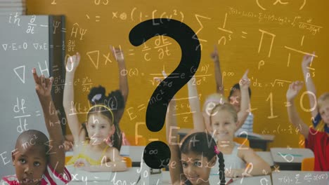 Animation-Von-Fragezeichen-Und-Mathematischen-Formeln-über-Kindern-Im-Klassenzimmer