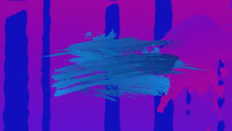 animation of stroke of blue paint appearing on purple and blue paint splashed in the background