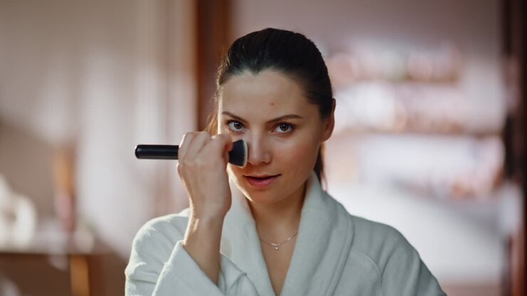 Woman perfecting face tone applying powder at daily natural makeup closeup